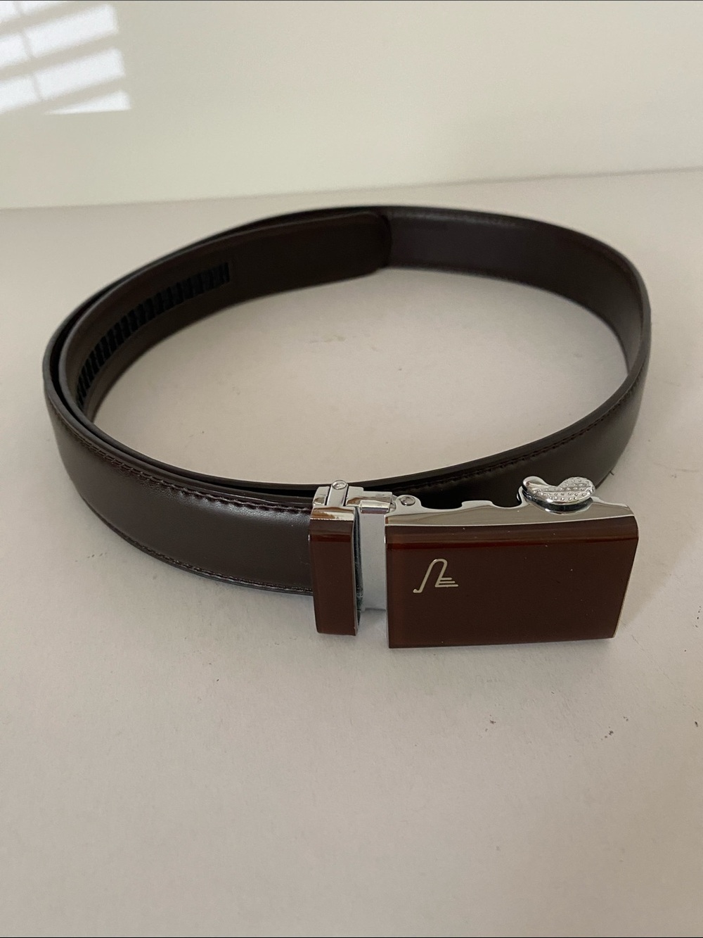 Mission Men's Brown Leather Adjustable Dress Belt with Brown and Silver Buckle